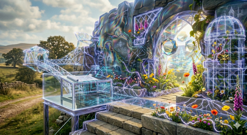 A stone archway and garden filled with vibrant energy rays and sonic waves, symbolising inspired action as the fourth stage of a transformational journey.