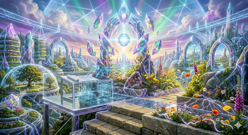 A radiating sky of pastel colours and glass structures, symbolising sustainable energetic match and the Expansion & Impact stage of a transformational journey.