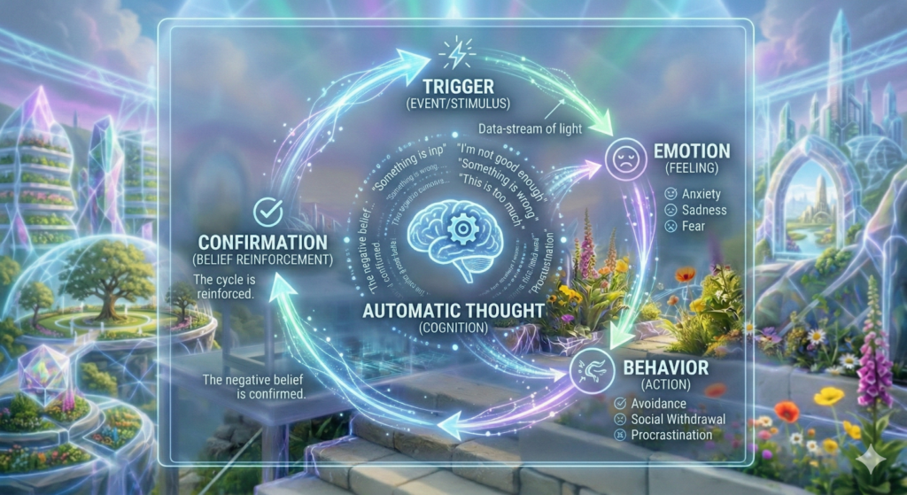 A diagram of the human brain highlighting the reptilian and limbic systems, illustrating the cognitive loop between thought, emotion, and self-actualisation.