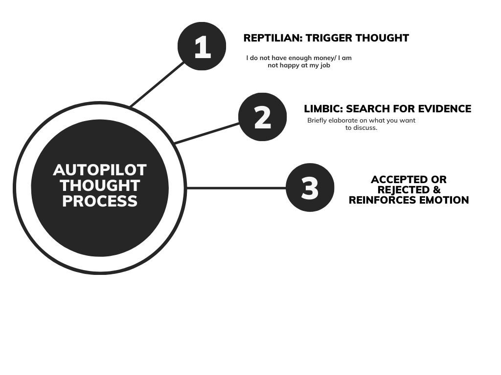 A black and white diagram showcasing the Autopilot thought progress leading to 1. Repilian: Trigger Thought. 2. Limbic: Search for Evidence. 3. Accepted or rejected & Reinforces Emotion.