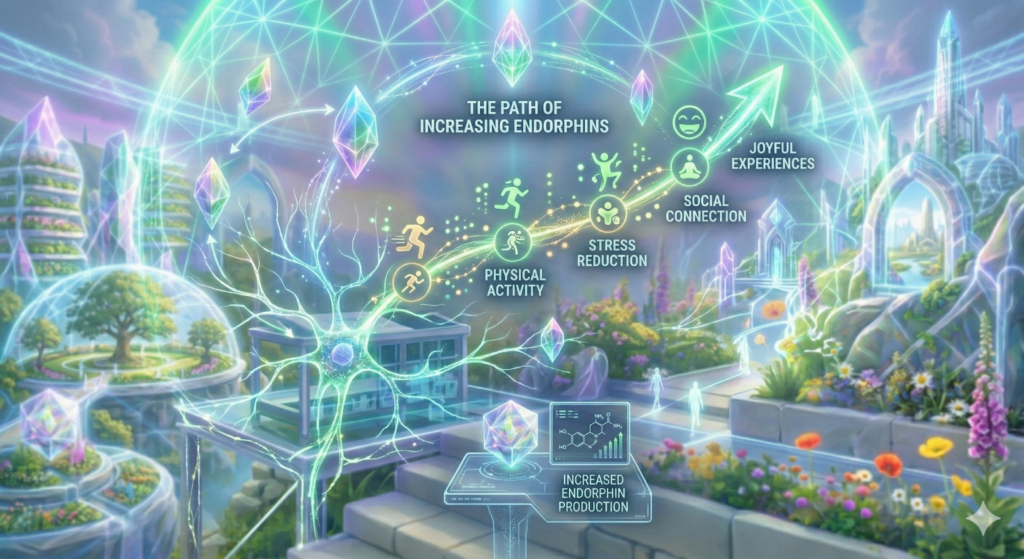 A list of natural ways to increase endorphins, such as meditation, movement, and nature, supporting the somatic reclamation process of a transformational journey.