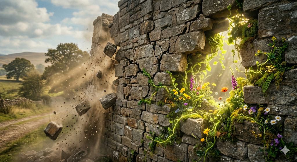 A cracked stone wall revealing vibrant greenery and a beam of light, symbolising the Healing and Demolition stage of a transformational journey.