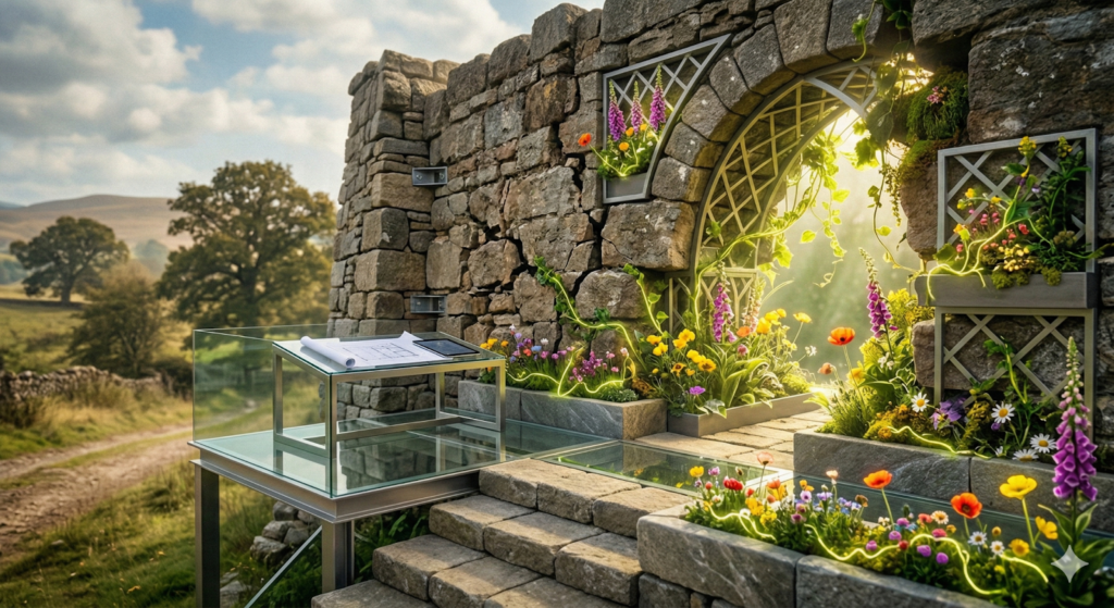 A stone archway with steps and a glass manifest stand, representing the Re-Design and Construction stage of a transformational journey.