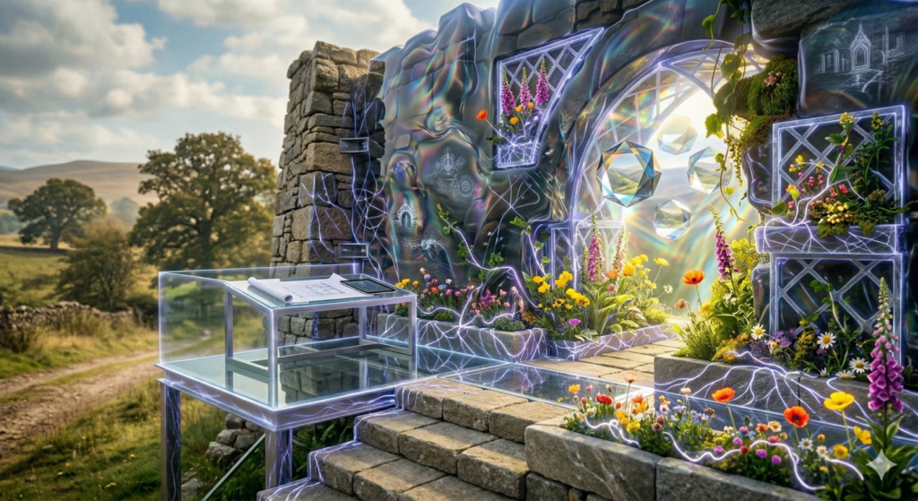 A garden archway surrounded by radiating sonic waves, representing the Radical Acceptance and Quantum Leaps stage of a transformational journey.