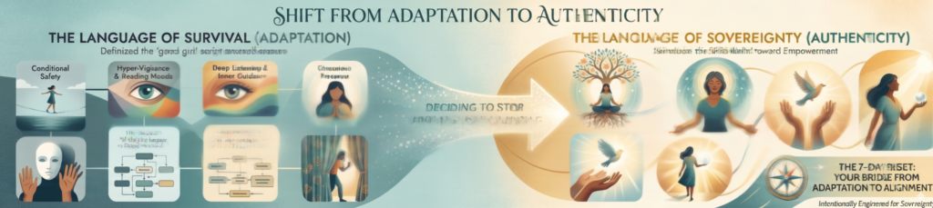 Discover how childhood conditioning builds the architecture of self-abandonment, and learn the somatic framework to reclaim your authentic sovereignty. A wide, transformative 'Shift Matrix' infographic charting a woman's journey from adaptation to authenticity. The left side captures 'The Language of Survival,' detailing the 'good girl' script, conditional safety, hyper-vigilance, and emotional self-erasure with symbols of a tightrope walker, a surveillance eye, and a literal mask. A central transition arrow reads 'Deciding to Stop. Arriving for Yourself,' opening up into the right side, 'The Language of Sovereignty.' This empowered section displays a thriving tree of life, grounded presence, authentic choice, and a compass leading directly to 'The 7-Day Reset: Your Bridge from Adaptation to Alignment.'