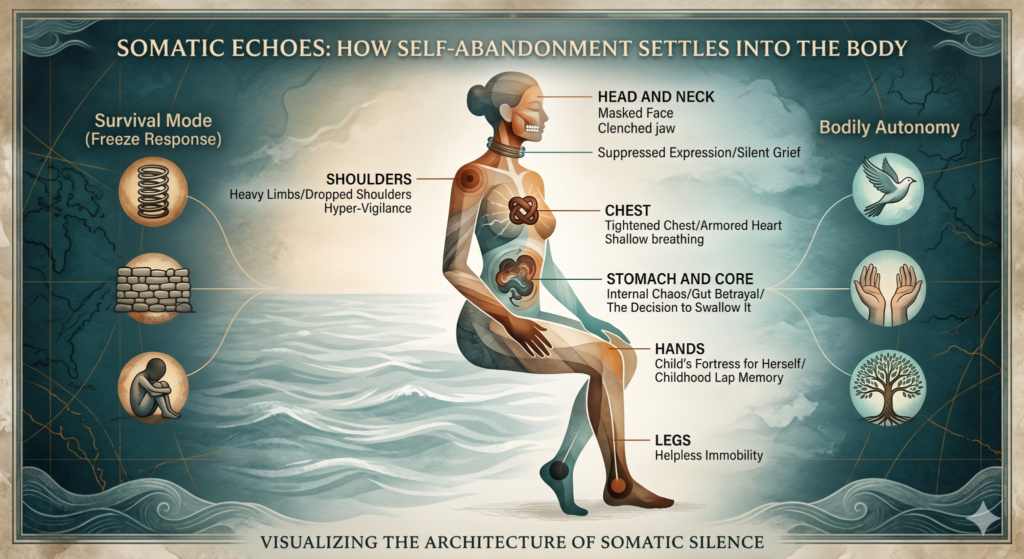 An evocative somatic trauma mapping infographic titled 'Somatic Echoes: How Self-Abandonment Settles into the Body,' visualizing the 'Architecture of Somatic Silence.' The central figure illustrates how survival mode and the freeze response manifest physically across different body regions: a masked face and clenched jaw in the head, heavy dropped shoulders from hyper-vigilance, an armored heart and shallow breathing in the chest, internal chaos and gut betrayal in the core, the child's fortress in the hands referencing the lap memory, and helpless immobility in the legs. Side icons contrast survival mechanics against a flight towards bodily autonomy.
